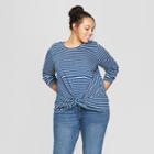 Women's Plus Size Striped Twist Front Long Sleeve T-shirt - Universal Thread Indigo