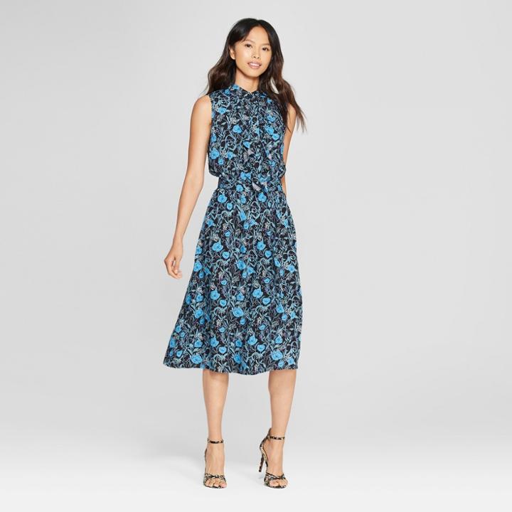 Women's Floral Print Ruffle Placket Midi Dress - Who What Wear Black/blue