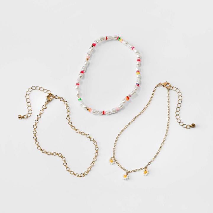 Mixed Media Flower And Simulated Pearl Anklet Set 3pc - Wild Fable , White