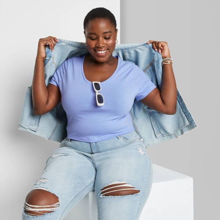 Women's Plus Size Short Sleeve V-neck Cropped T-shirt - Wild Fable Azure
