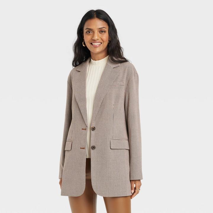 Women's Boxy Blazer - A New Day Brown Houndstooth