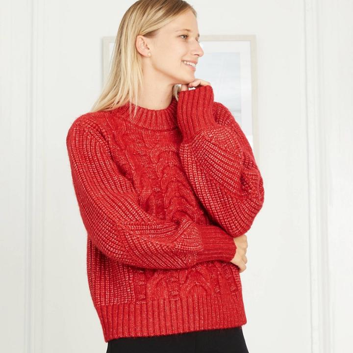 Women's Bishop Sleeve Crewneck Cable Stitch Pullover Sweater - A New Day Red