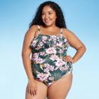 Women's Plus Size Bandeau Flounce One Piece Swimsuit - Kona Sol Floral 16w, Blue/gray/blue