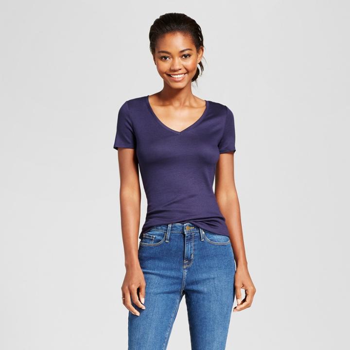 Women's Slim Fit Short Sleeve V-neck T-shirt - A New Day Navy (blue)
