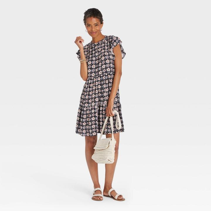 Women's Flutter Short Sleeve Dress - Knox Rose Black Floral