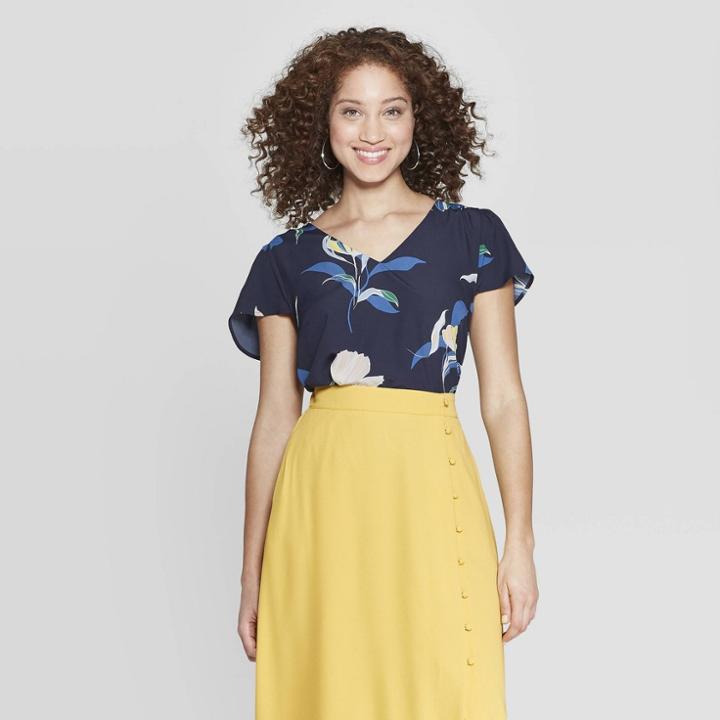 Women's Floral Easy Fit Short Sleeve V-neck T-shirt - A New Day Navy