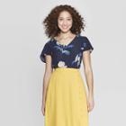 Women's Floral Easy Fit Short Sleeve V-neck T-shirt - A New Day Navy