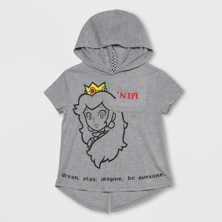 Girls' Super Mario Princess Peach Short Sleeve Hooded T-shirt - Heather Gray