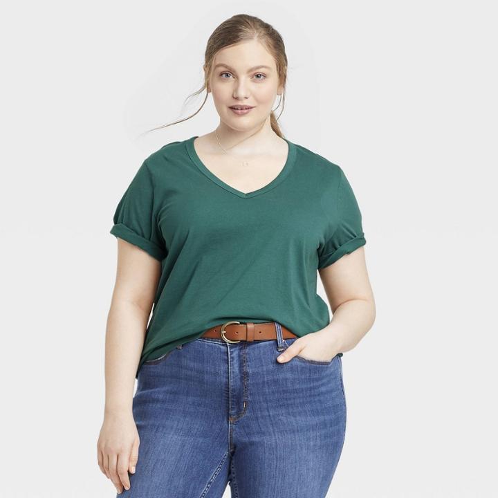 Women's Plus Size Short Sleeve V-neck T-shirt - Universal Thread Teal Green