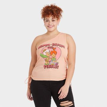 Women's The Flintstones Plus Size Pebbles And Bamm Bamm One Shoulder Graphic Tank Top - Pink