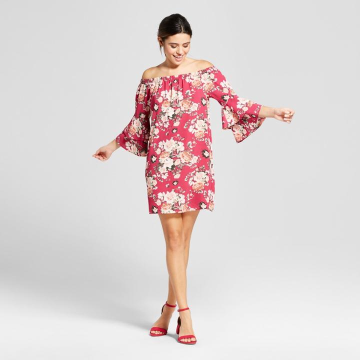 Women's Floral Print Off The Shoulder Bell Sleeve Dress - Xhilaration Berry (pink)