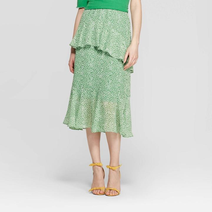 Women's Mid-rise Tiered Ruffle A Line Skirt - Who What Wear Green/white
