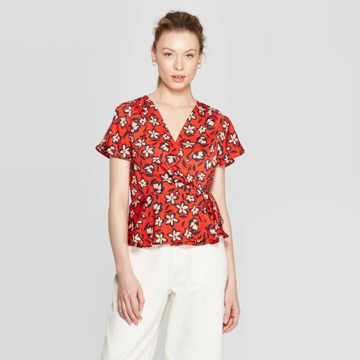 Women's Floral Print Flutter Short Sleeve V-neck Front Tie Wrap Top - Who What Wear Red
