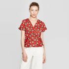 Women's Floral Print Flutter Short Sleeve V-neck Front Tie Wrap Top - Who What Wear Red