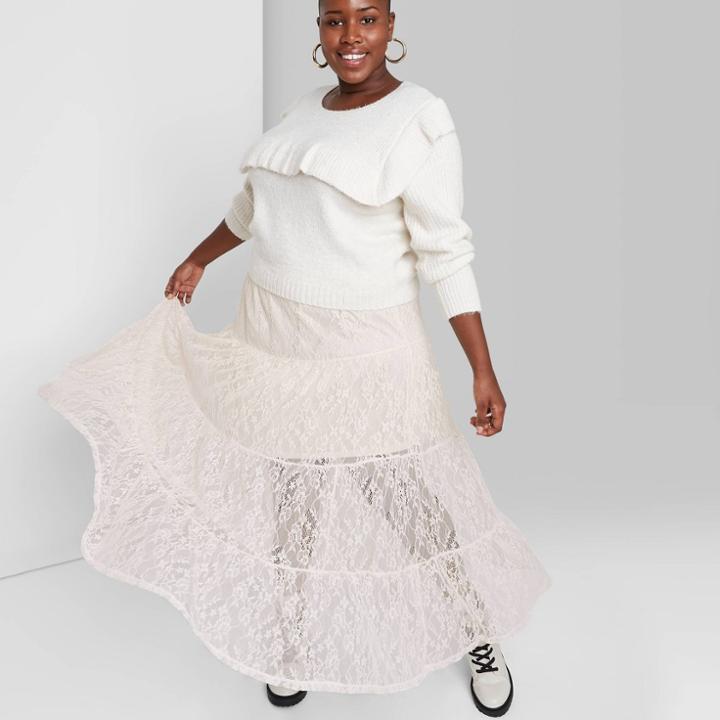 Women's Plus Size Tiered Midi Lace Skirt - Wild Fable Ivory