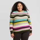 Women's Plus Size Striped Crewneck Pullover Sweater - A New Day Green