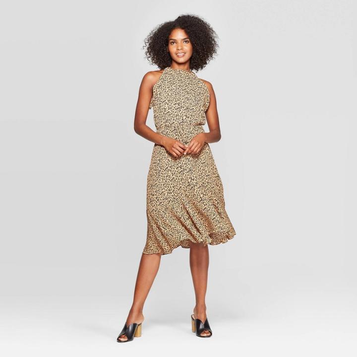 Women's Leopard Print Sleeveless Halter Neck A Line Midi Dress - Who What Wear Brown