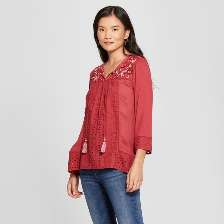Women's Long Sleeve Eyelet Embroidered Peasant Blouse - Knox Rose Red