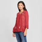 Women's Long Sleeve Eyelet Embroidered Peasant Blouse - Knox Rose Red