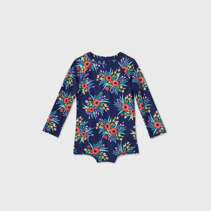 Toddler Girls' Floral Long Sleeve One Piece Swimsuit - Cat & Jack Navy
