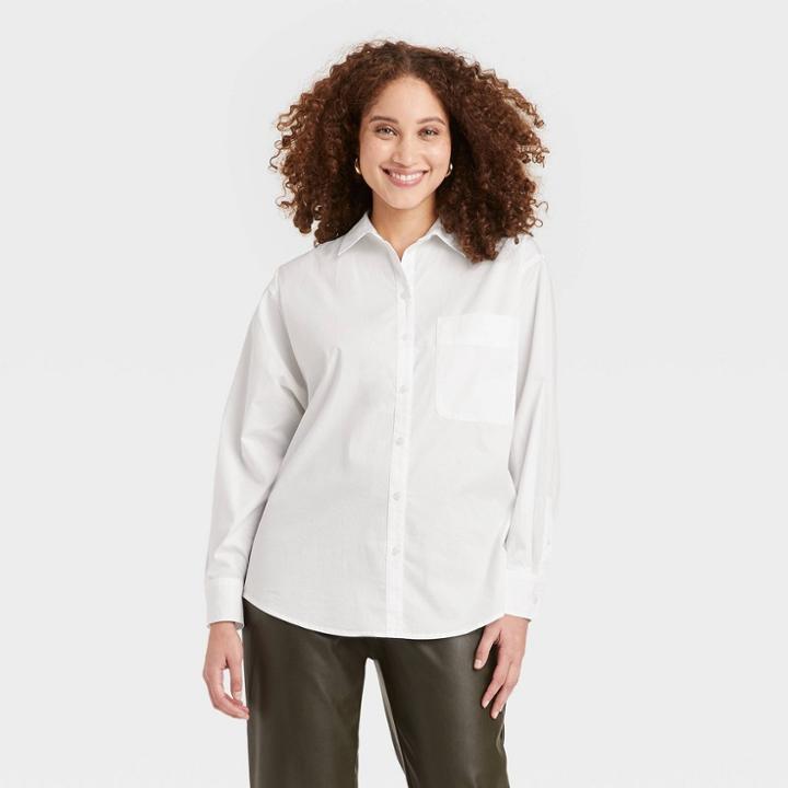 Women's Long Sleeve Oversized Button-down Boyfriend Shirt - A New Day White