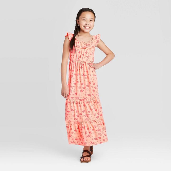 Girls' Tropical Maxi Dress - Cat & Jack Peach Xs, Girl's, Orange