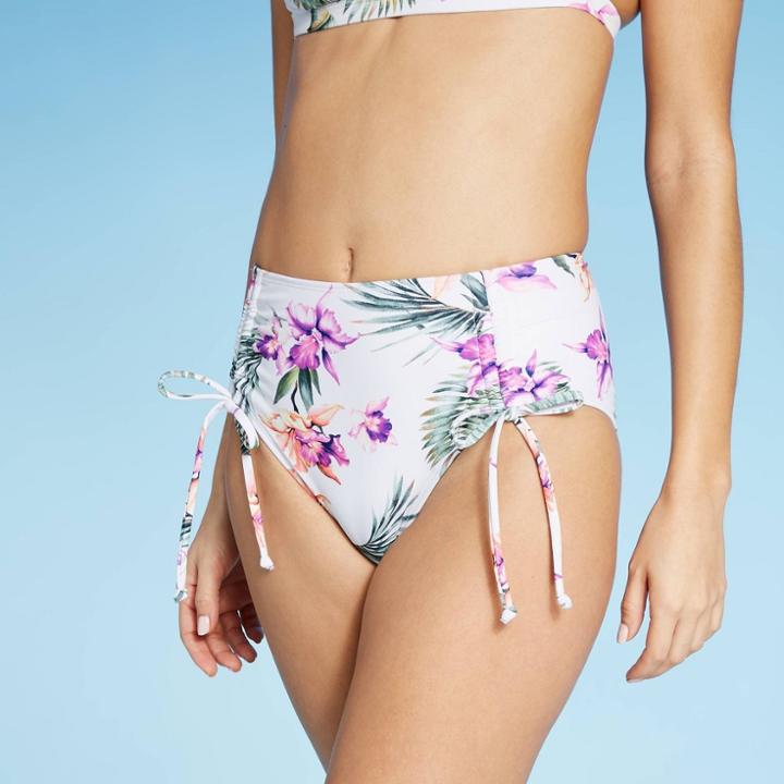 Women's Cheeky High Waist Cinched Bikini Bottom - Xhilaration White Floral