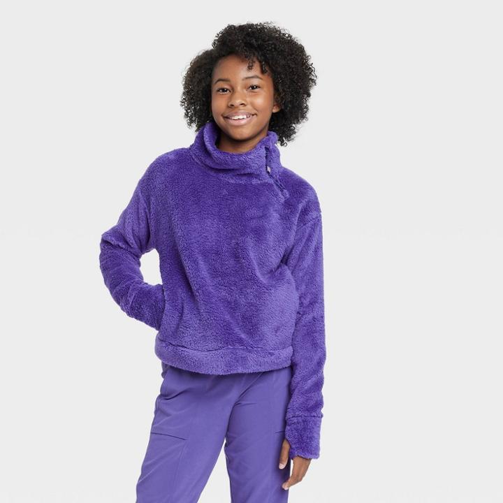 Girls' High Pile Sherpa Fleece Pullover Sweatshirt - All In Motion Dark Purple
