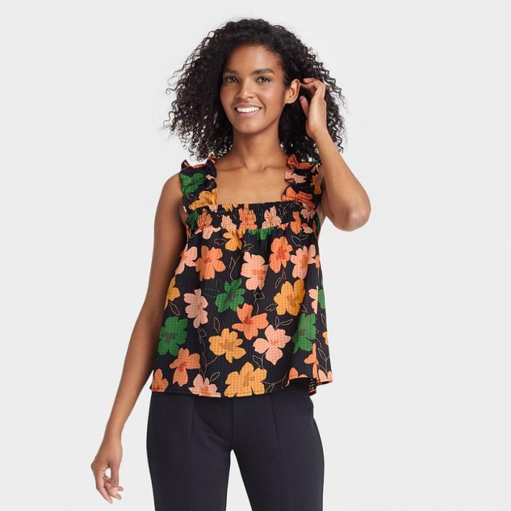 Women's Ruffle Tank Top - Who What Wear Black Floral