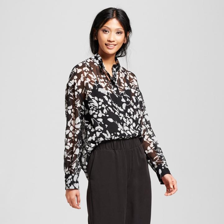 Women's Floral Print Long Sleeve Sheered Popover Blouse - Mossimo Black/white