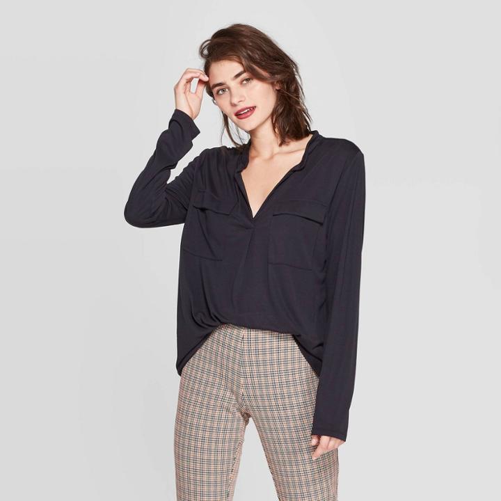 Women's Any Day Long Sleeve Collared Sandwash Henley Shirt - A New Day Black M,