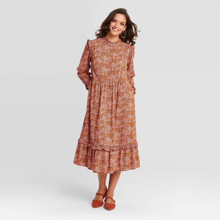 Women's Floral Print Balloon Long Sleeve Ruffle Dress - Universal Thread Brown