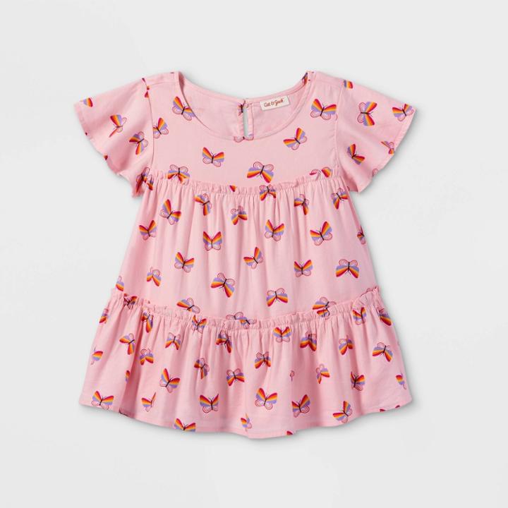 Girls' Printed Tiered Short Sleeve Woven Top - Cat & Jack Light Pink