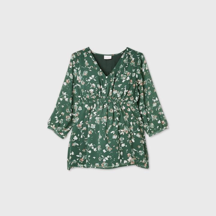Maternity Floral Print 3/4 Sleeve Button Chiffon Woven Blouse - Isabel Maternity By Ingrid & Isabel Green