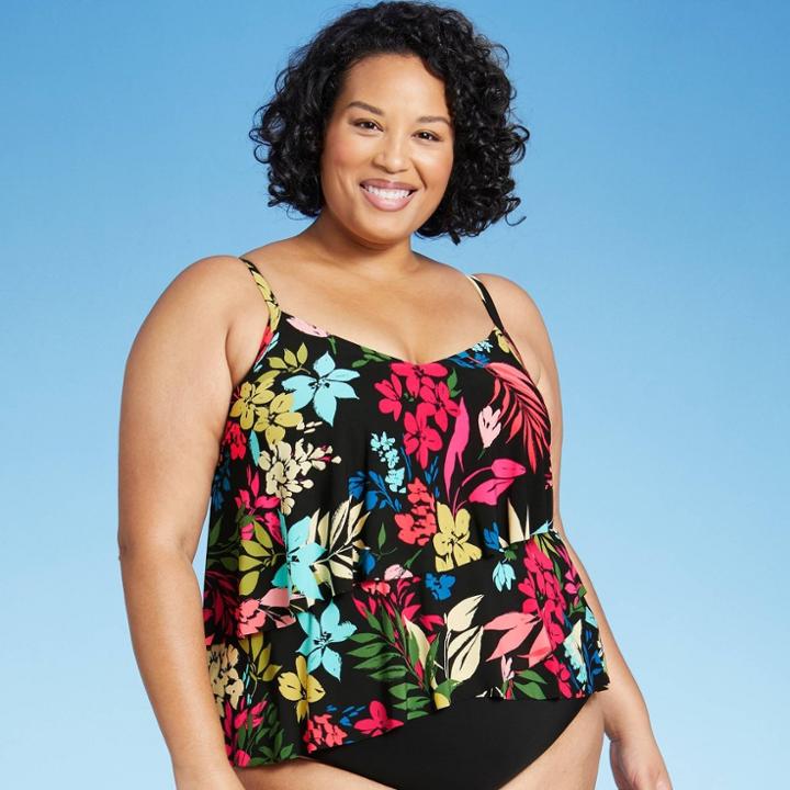Women's Plus Size Plunge Tiered Wrap Tankini Top - Aqua Green