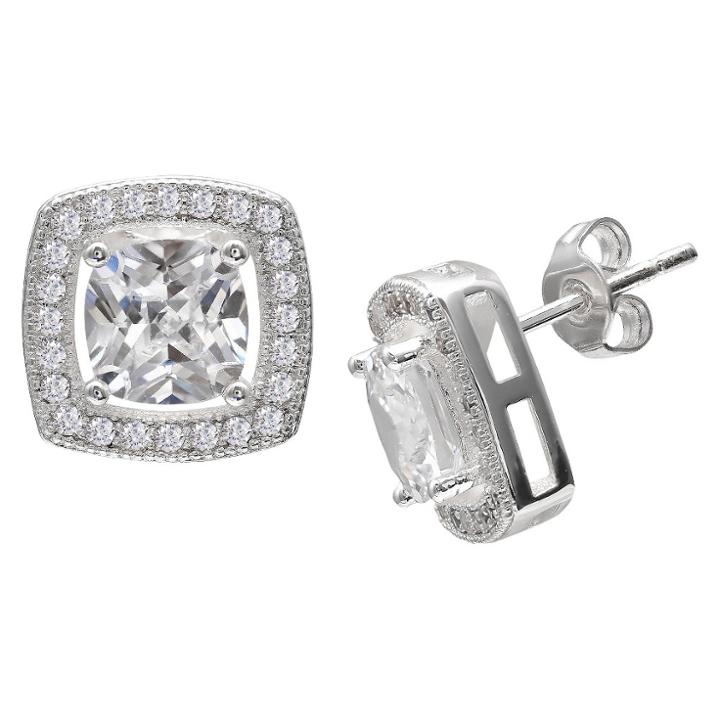 Women's Princess Cut Center Cubic Zirconia Halo Stud Earrings In Sterling