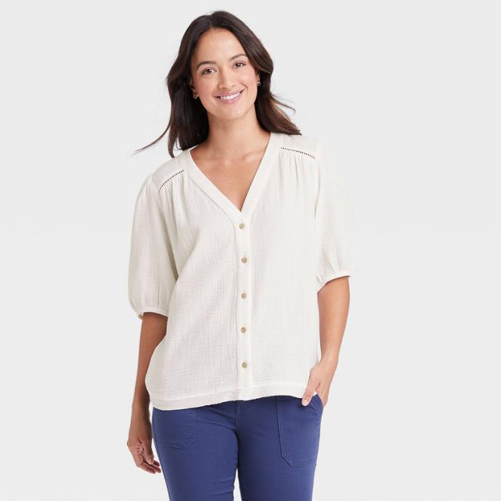 Women's 3/4 Sleeve Gauze Button-down Shirt - Knox Rose White