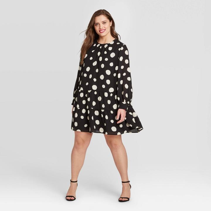 Women's Plus Size Polka Dot Long Sleeve Dress - Who What Wear Black 1x, Women's,