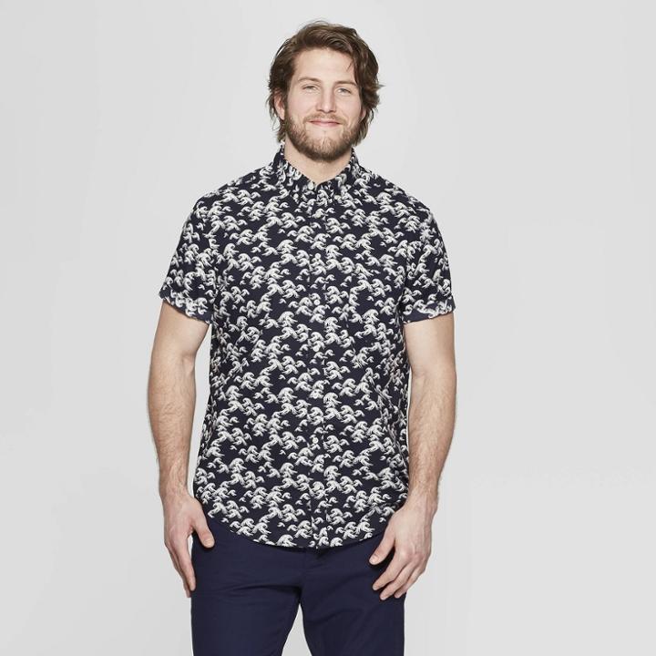 Men's Big & Tall Printed Standard Fit Short Sleeve Poplin Button-down Shirt - Goodfellow & Co Federal Blue
