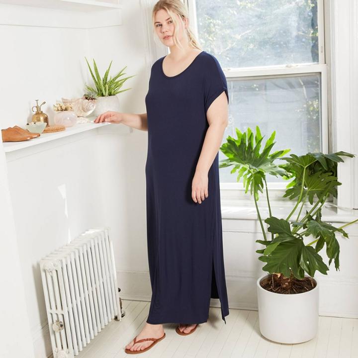 Women's Plus Size Short Sleeve Maxi T-shirt Dress - Ava & Viv Xavier Navy 1x, Xavier Blue