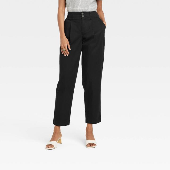 Women's High-rise Pleat Front Tapered Chino Pants - A New Day Black