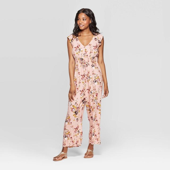 Women's Floral Print Flutter Short Sleeve V-neck Smocked Waist Jumpsuit - Xhilaration Blush