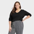 Women's Plus Size Long Sleeve V-neck Ribbed T-shirt - A New Day Black