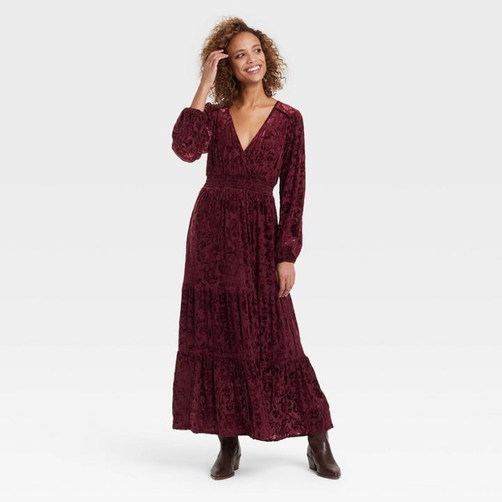 Women's Long Balloon Sleeve Velour Dress - Knox Rose Maroon Floral Xxl, Red Floral