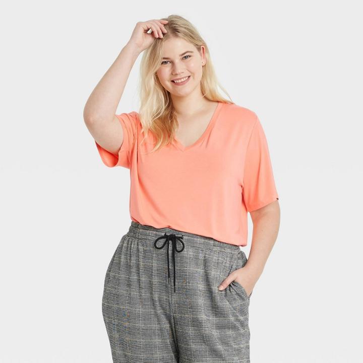 Women's Plus Size Short Sleeve V-neck T-shirt - A New Day Pastel Peach