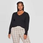 Women's Plus Size Puff Long Sleeve V-neck Pullover Sweater - A New Day Black X