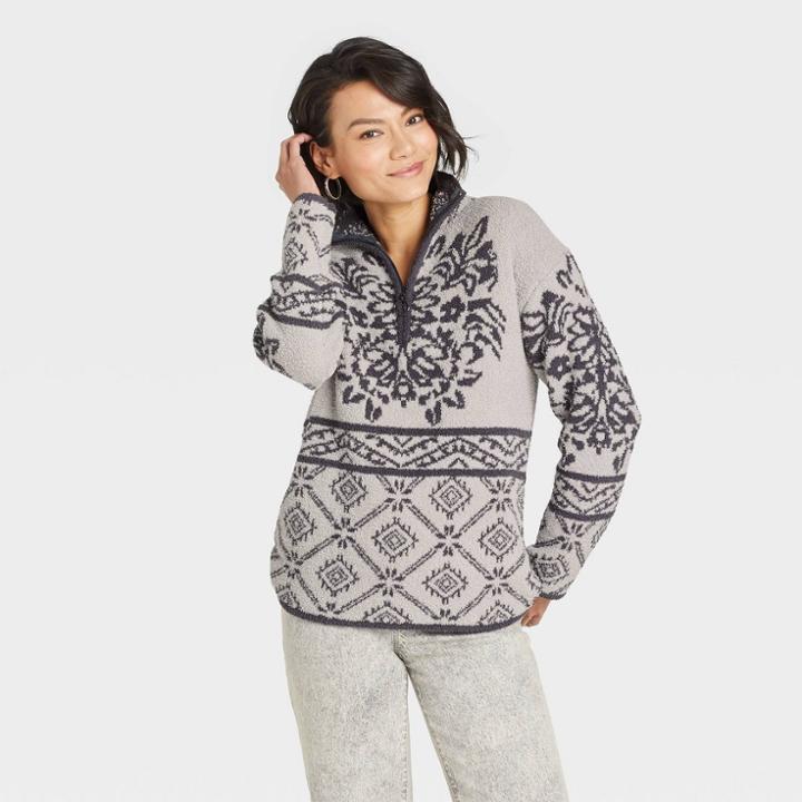 Women's Mock Turtleneck Quarter Zip Damask Pullover Sweater - Knox Rose Gray