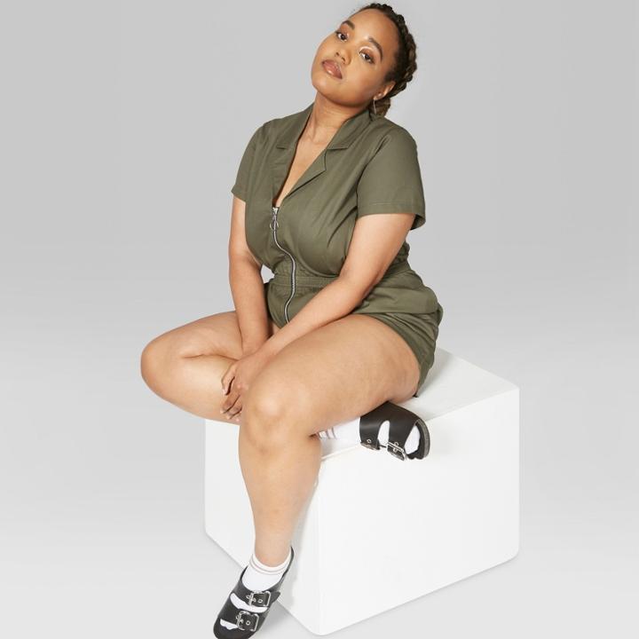 Women's Plus Size Short Sleeve Zip Front Woven Romper - Wild Fable Olive