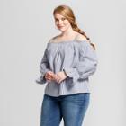 Women's Plus Size Striped Long Sleeve Cold Shoulder Top - Ava & Viv Blue/white