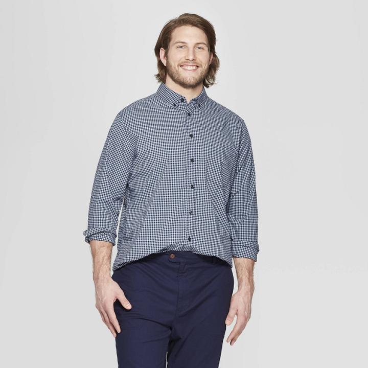 Men's Big & Tall Checkered Standard Fit Long Sleeve Northrop Poplin Button-down Shirt - Goodfellow & Co Breaktime Blue